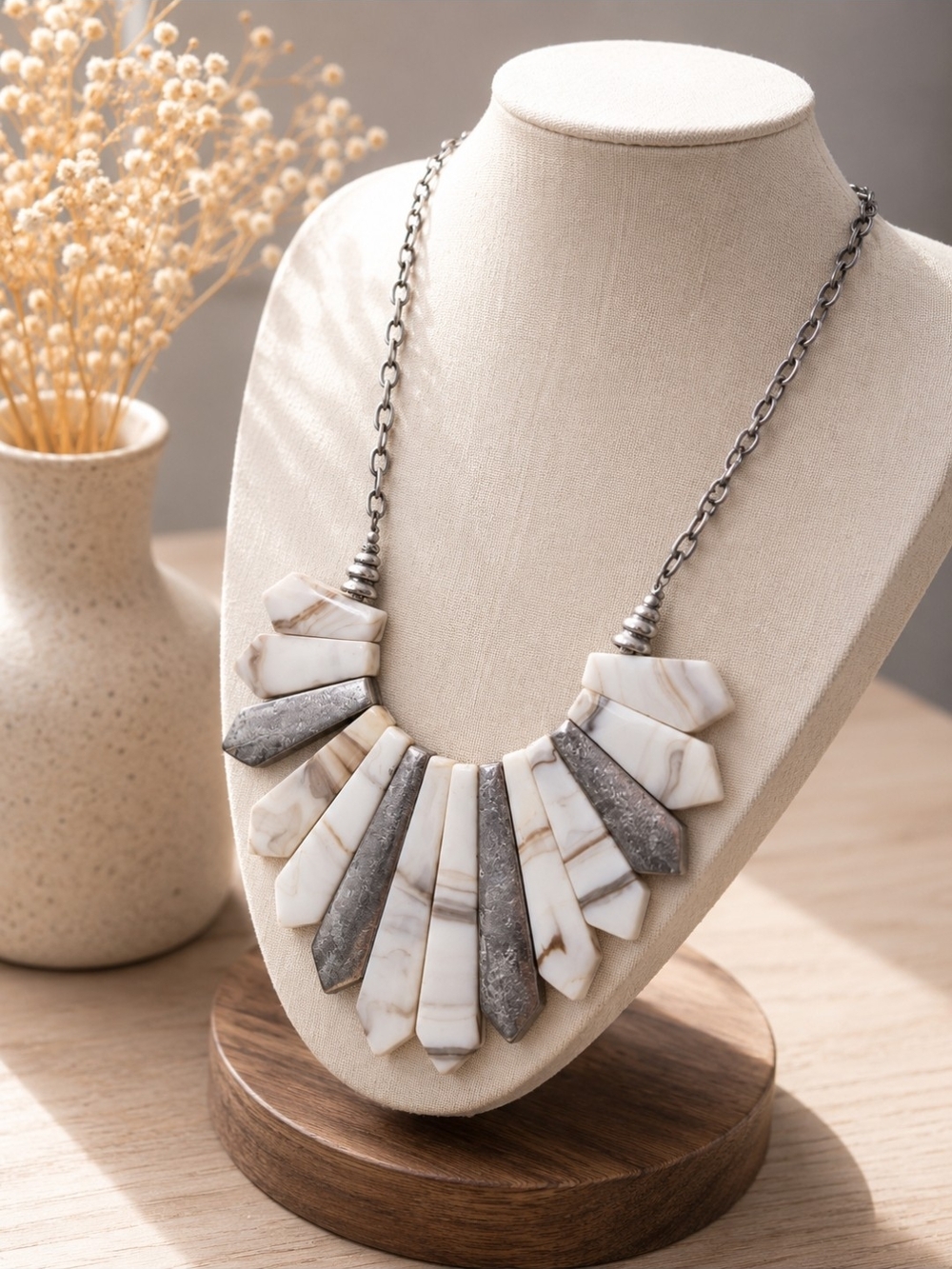 Neutral Statement Necklace - White and Gray